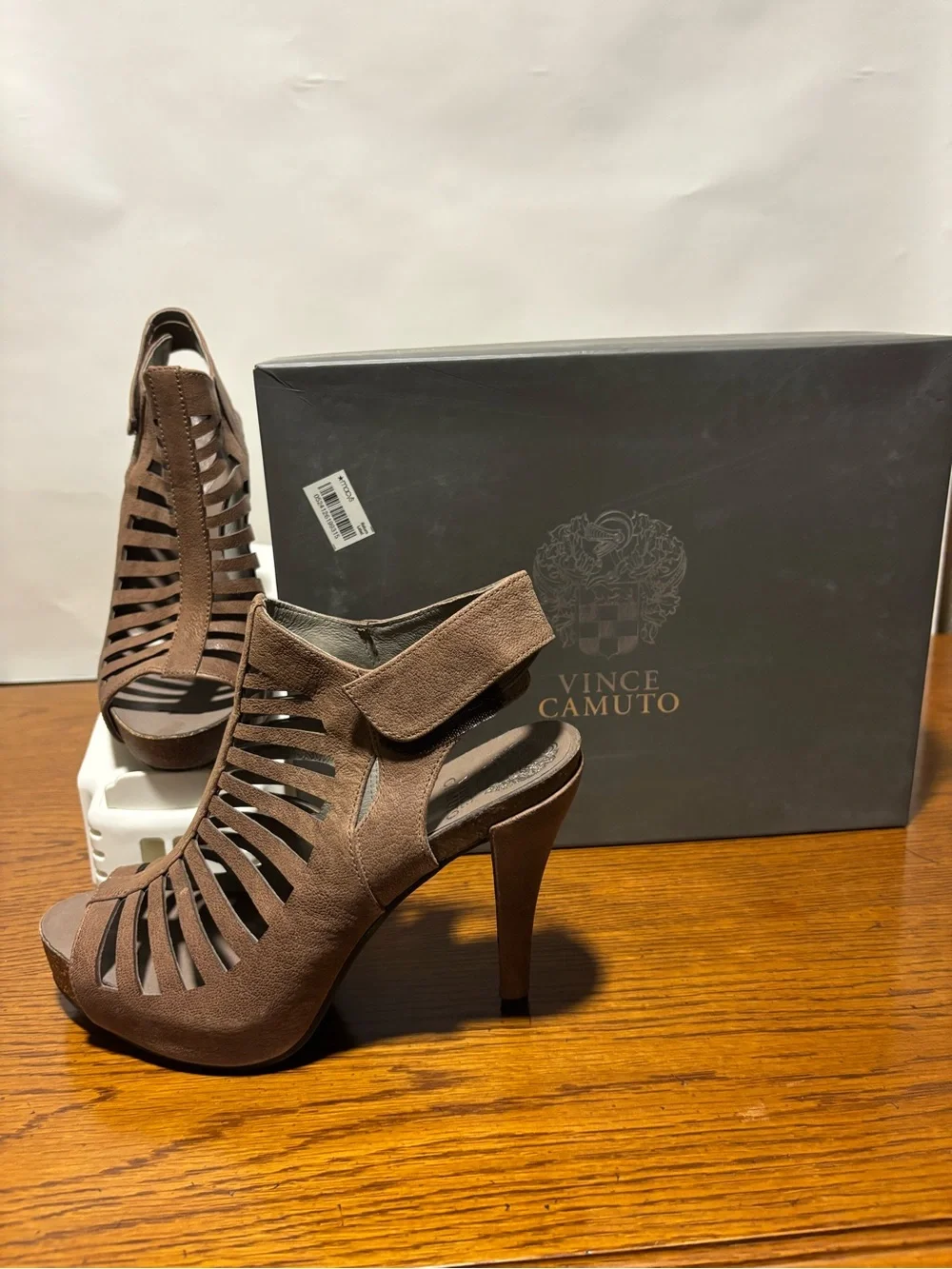 Vince Camuto Taupe Strappy Cutout High Heel Sandals